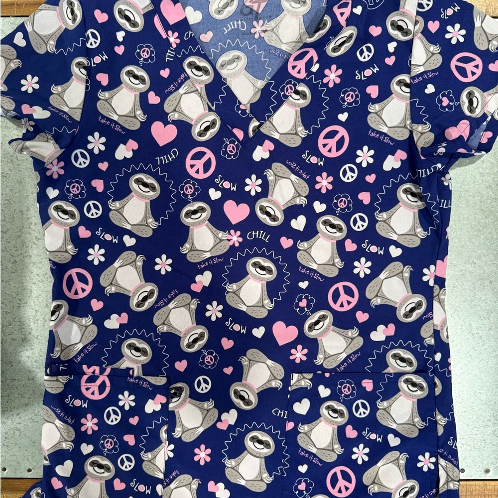 Cherokee Blue Sloth Print Scrub Top